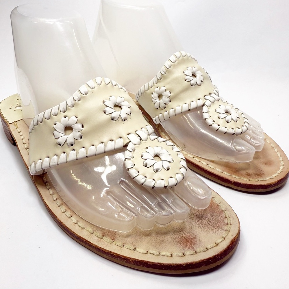 Jack Rogers Cream Leather Floral Medallion Slide Sandals